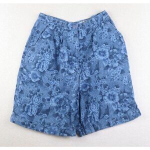 VINTAGE BLUE PRINT LINEN BLEN HIGH WAIST PLEATED SHORTS - ACCORDEON - SIZE 7/8